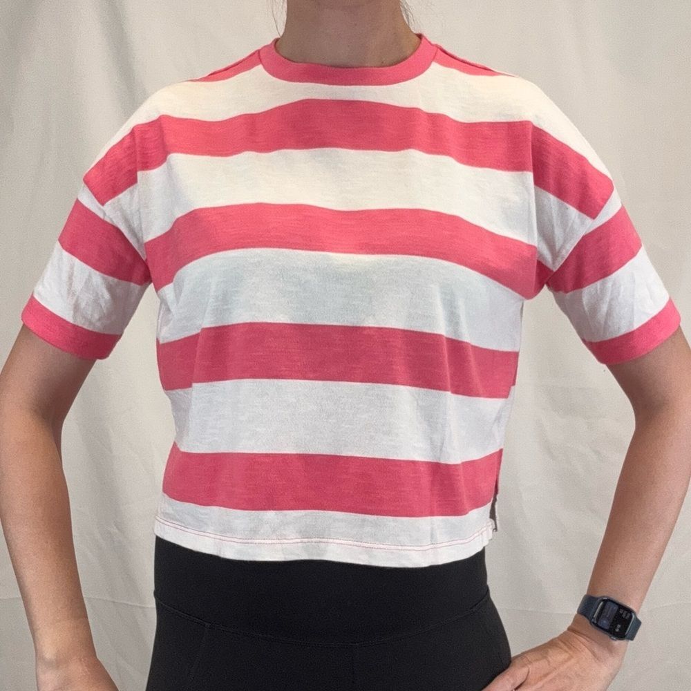 ASOS Women’s White Hot Pink Striped Cropped T-Shirt Tee Size 2 Boxy Fit